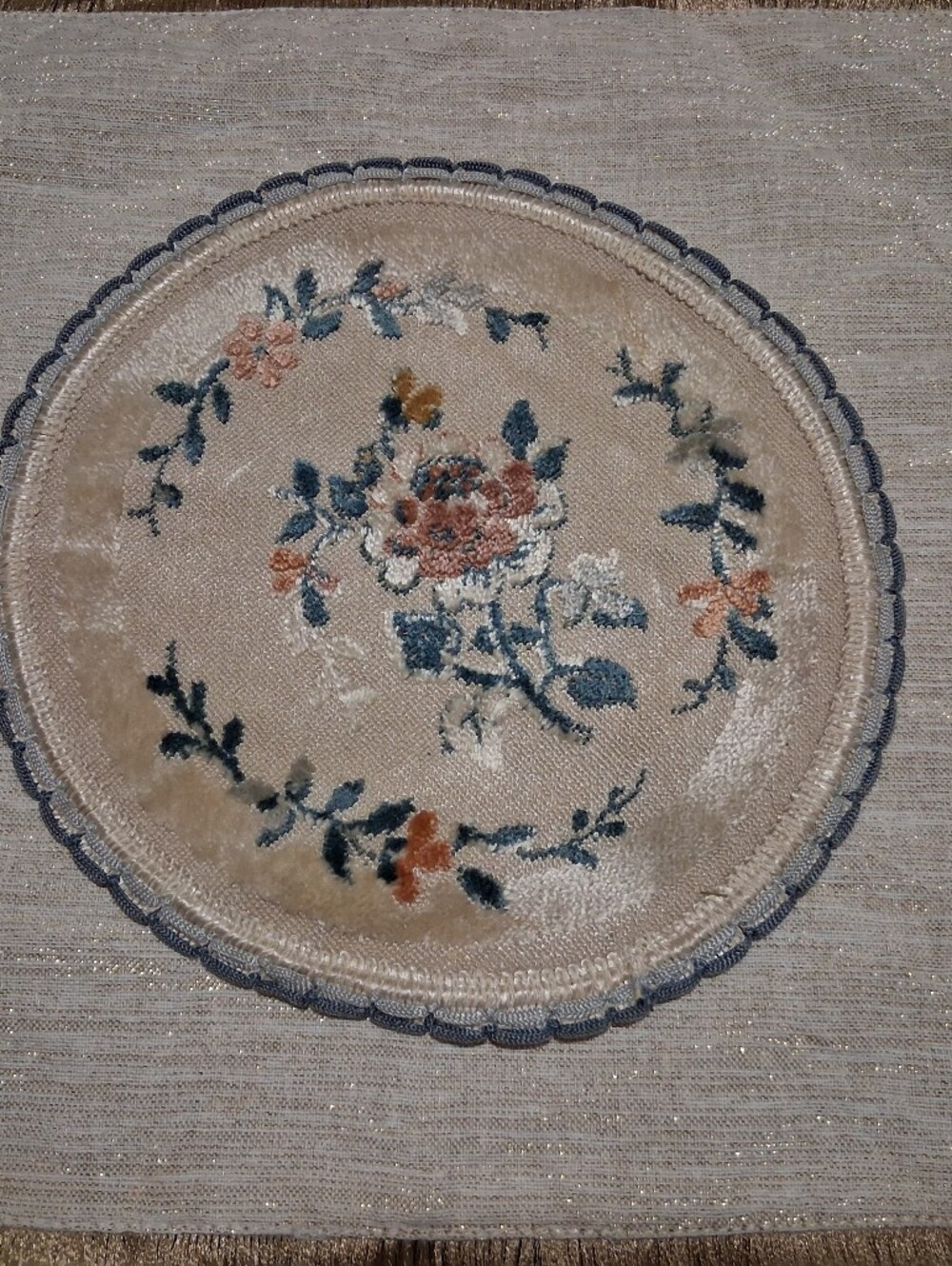 Bose Beige Round Floral Embroidered Placemat with Blue and Peach Accents